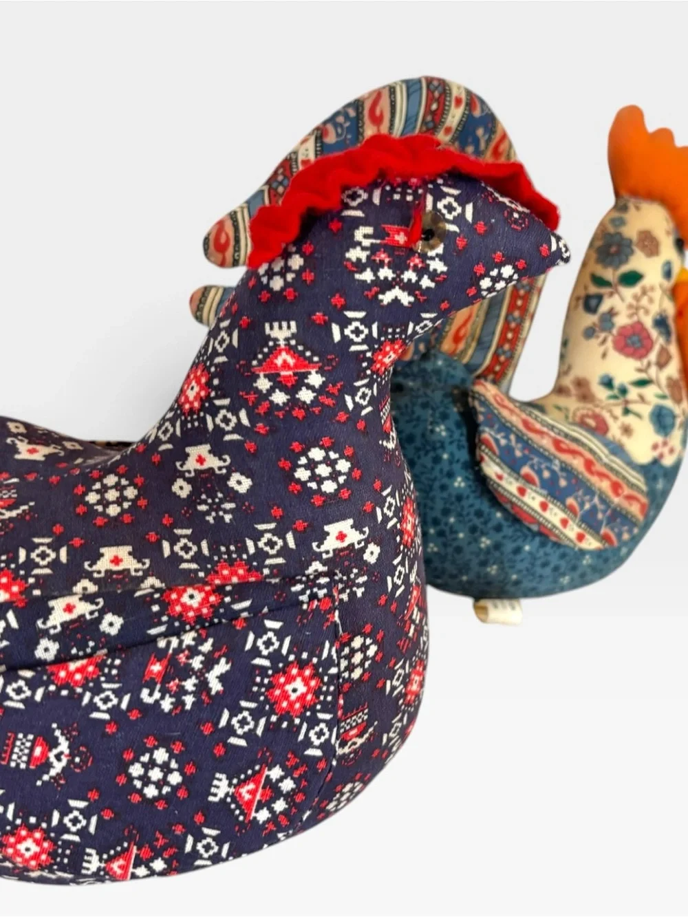 Vintage Quilted Fabric Chicken Rooster Family Set Of 3 Hen Pockets Farmhouse